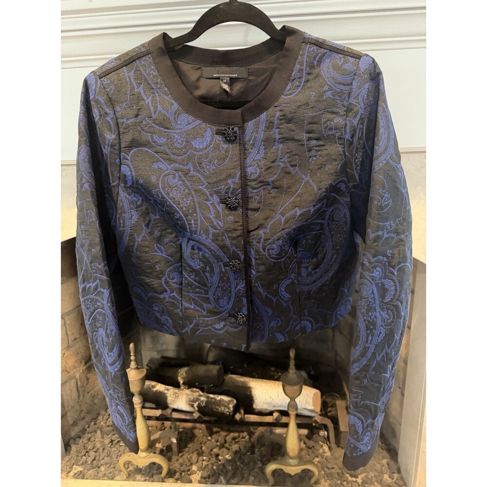 Talbots Jacquard Collarless Blue And Black Jacket Size 14